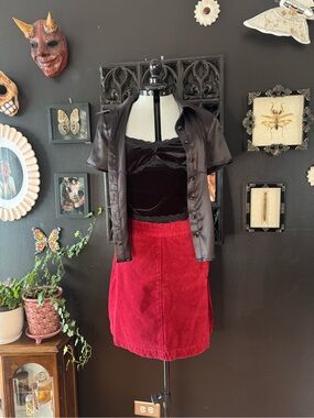 Velvet Black Camisole with Satin Short-Sleeve Shirt and Red Corduroy Skirt